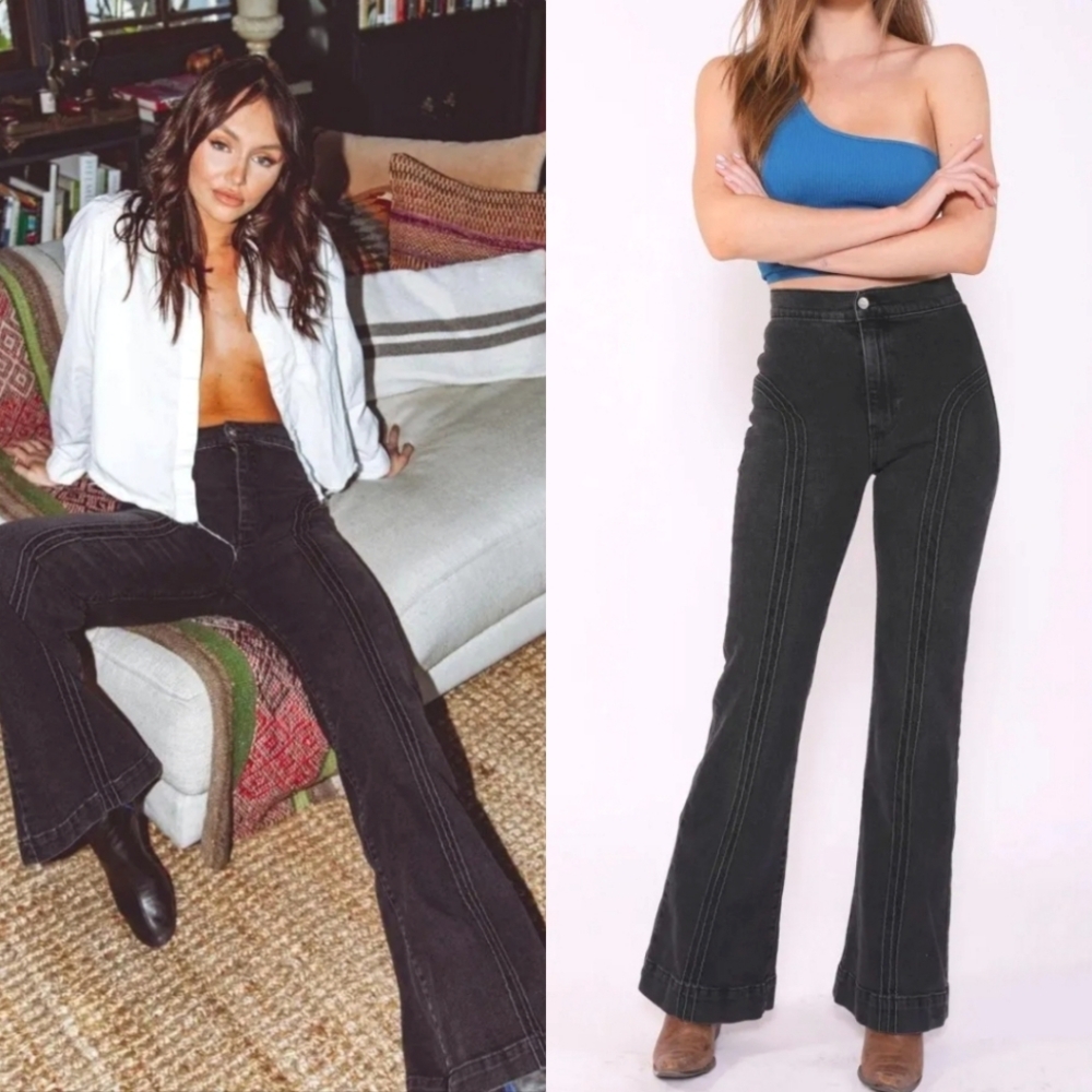 REVICE RollerGirl High Waist Saddle Flare Jeans in Disco Wash Black Size 30